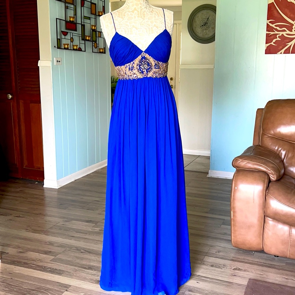 Aidan Mattox blue chiffon embellished maxi dress